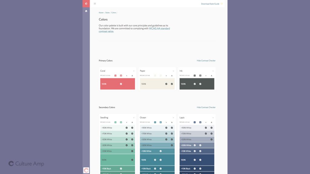 Slide: a screenshot of the color palette page used at Culture Amp
