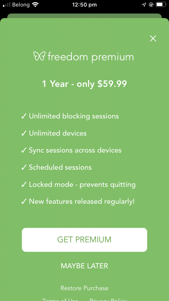 Screenshot of "Get Premium" page showing 1 year to cost $59.99