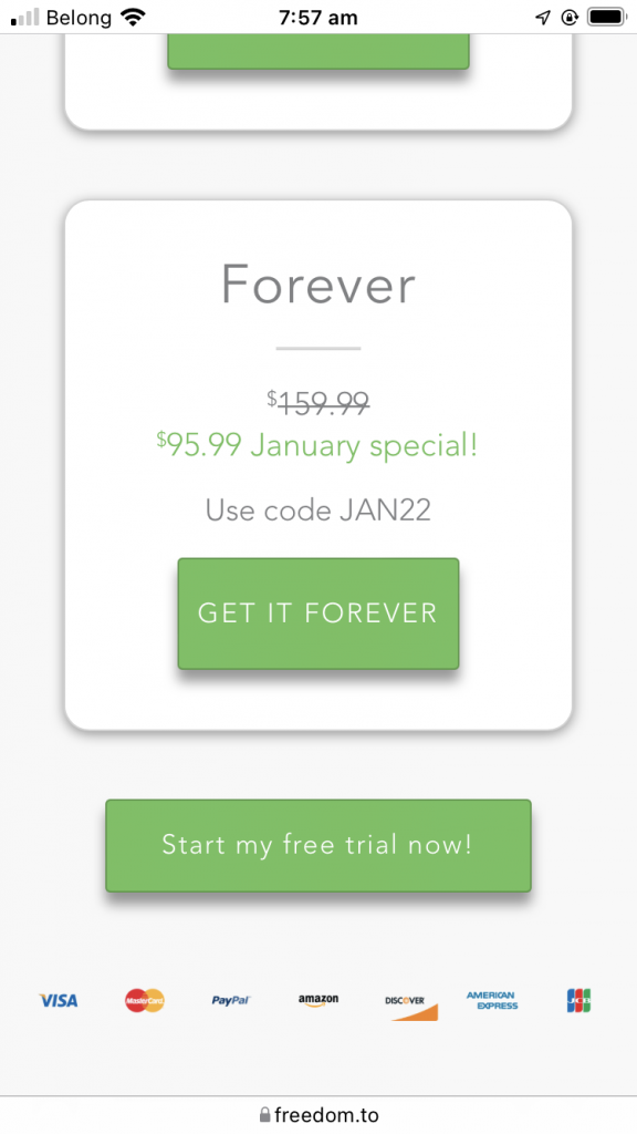 Screenshot of the pricing page on the website showing a "Forever" plan that was 159.99 but is now 95.99 using a coupon code