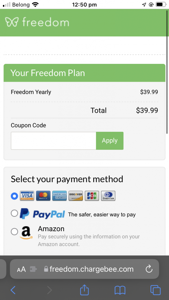 Screenshot of a checkout page showing a yearly plan costing $39.99. There is a space to enter a coupon code but it is blank.