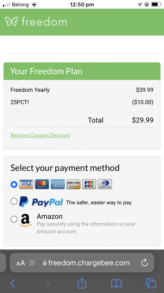 A checkout page showing the Freedom Yearly plan with a 25% off discount code, so the total is $29.99