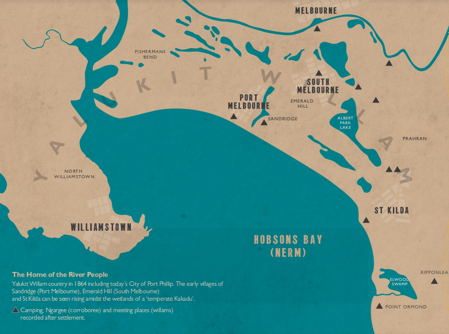 A map showing Williamstown on the left side of the bay, Port Melbourne and South Melbourne on the North, and St Kilda on the east. There is big text labelled Yalukit Willam overlaying the land all around the bay. There's a number of triangles representing camping areas and meeting places used by the Yalukit Willam people.